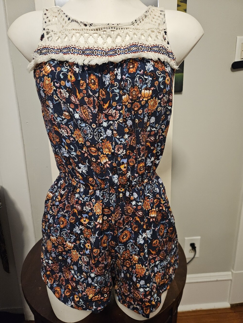 XS Short Romper * Blue FLORAL with POCKETS